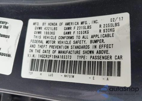 2017 Honda Accord Sport Se из США, поврежденный, VIN 1HGCR2F19HA165373